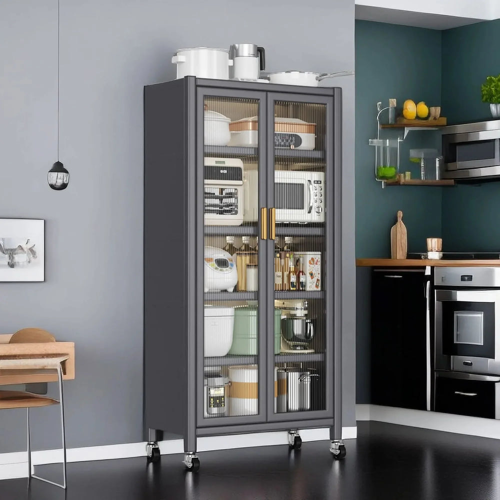 Kitchen Storage Cabinet Metal Multilevel Microwave Storage System Media 1