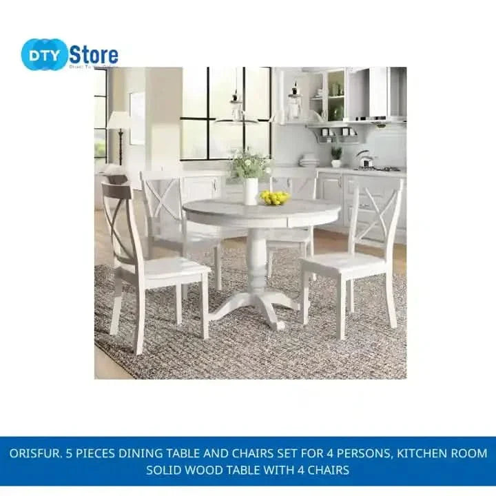 Dining Table Set Solid Wood Round Pedestal & 4 Chairs For 4 People Media 29