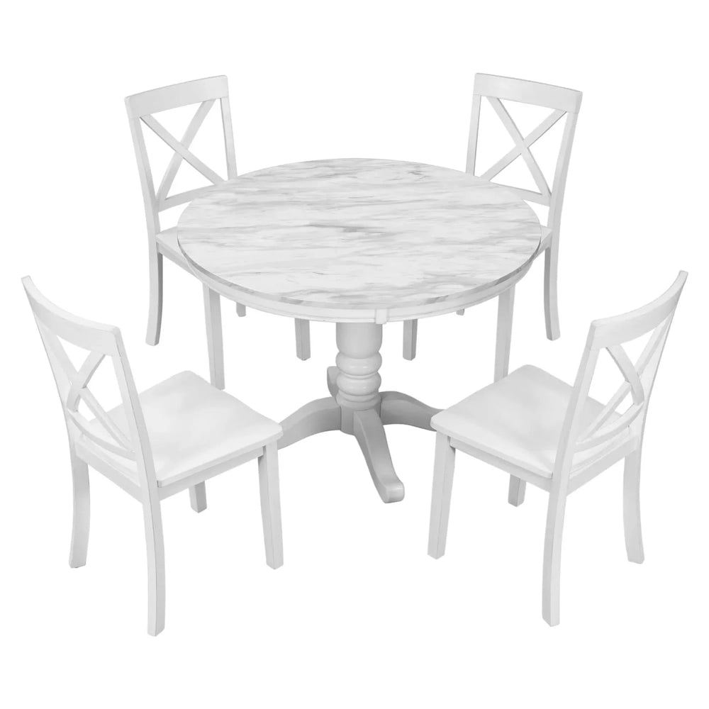 Dining Table Set Solid Wood Round Pedestal & 4 Chairs For 4 People Media 12