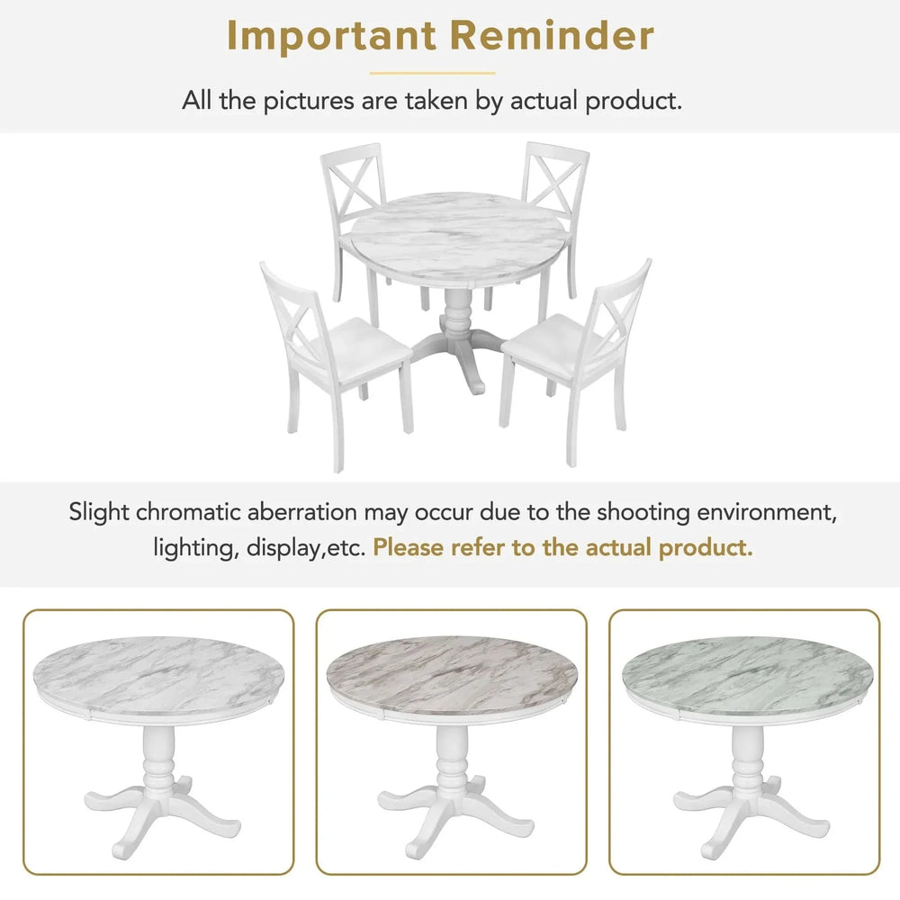 Dining Table Set Solid Wood Round Pedestal & 4 Chairs For 4 People Media 7