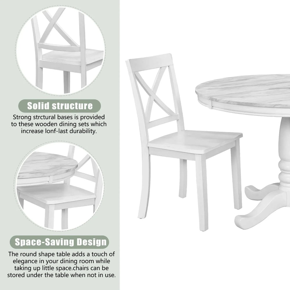 Dining Table Set Solid Wood Round Pedestal & 4 Chairs For 4 People Media 5
