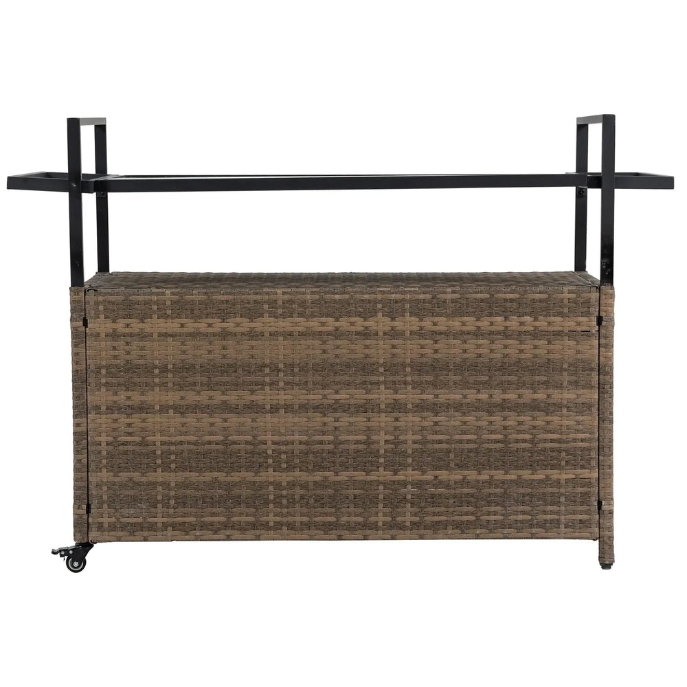 Outdoor Wicker Bar Cart Glass Top Wheeled Beverage Station Patio Garden Media 15