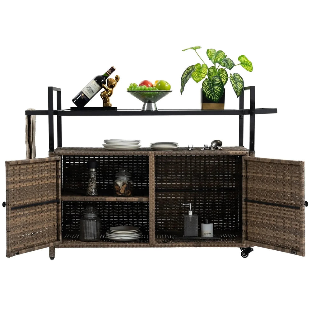 Outdoor Wicker Bar Cart Glass Top Wheeled Beverage Station Patio Garden Media 6