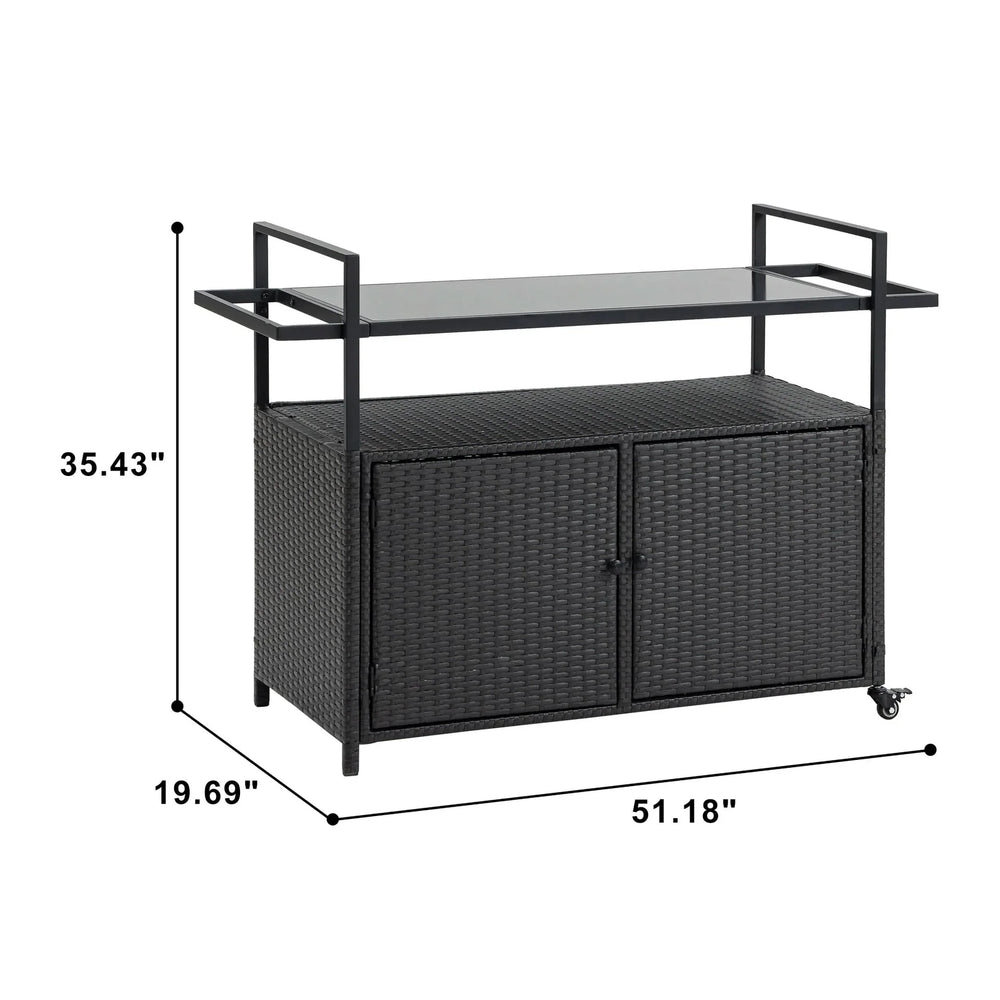 Outdoor Wicker Bar Cart Glass Top Wheeled Beverage Station Patio Garden Media 2