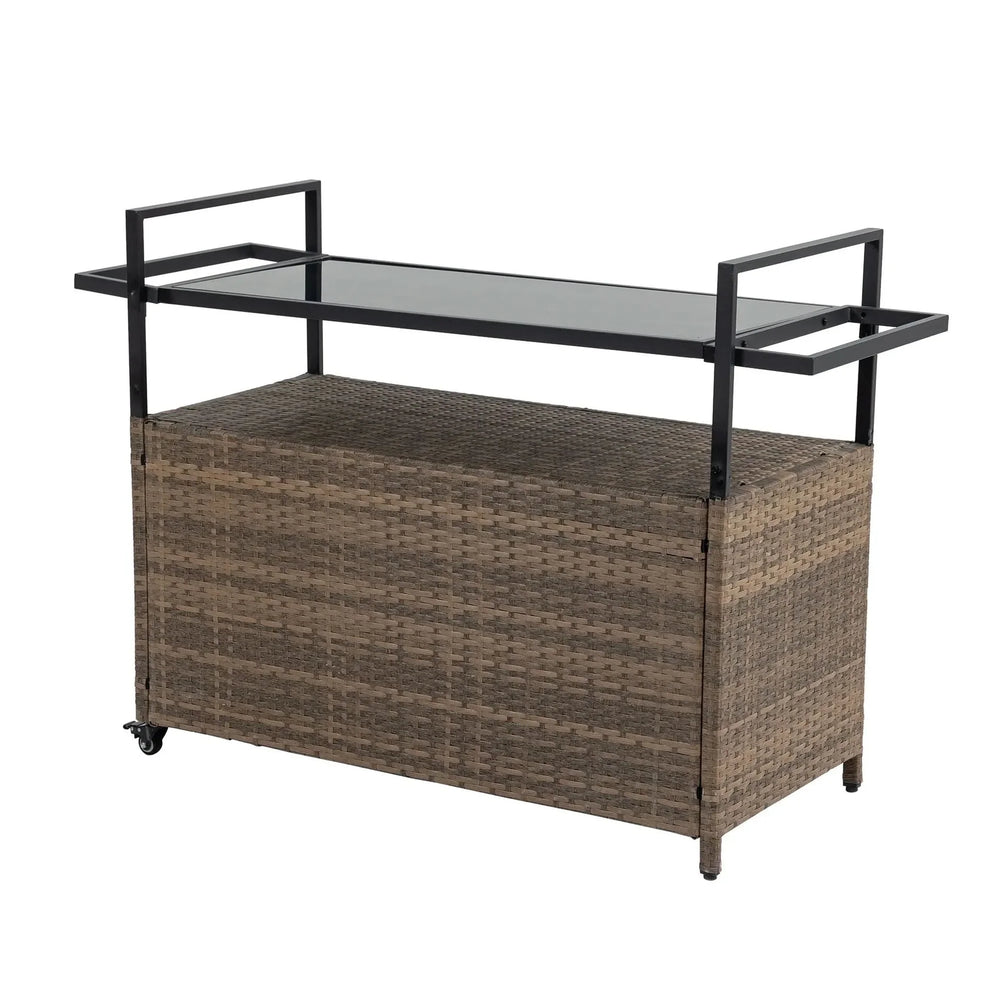 Outdoor Wicker Bar Cart Glass Top Wheeled Beverage Station Patio Garden Media 16