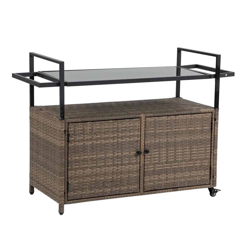 Outdoor Wicker Bar Cart Glass Top Wheeled Beverage Station Patio Garden Media 5
