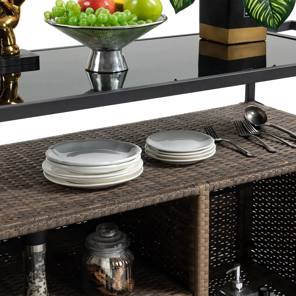 Outdoor Wicker Bar Cart Glass Top Wheeled Beverage Station Patio Garden Media 7