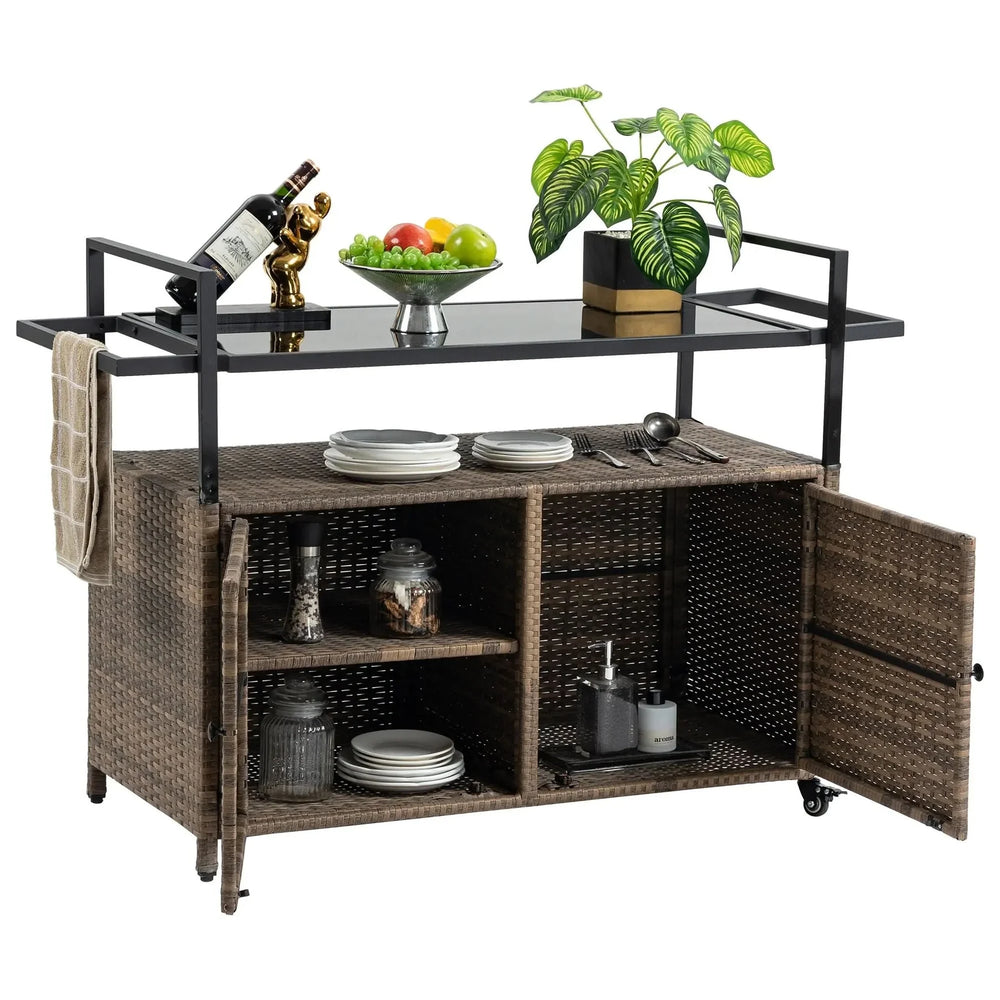 Outdoor Wicker Bar Cart Glass Top Wheeled Beverage Station Patio Garden Media 14
