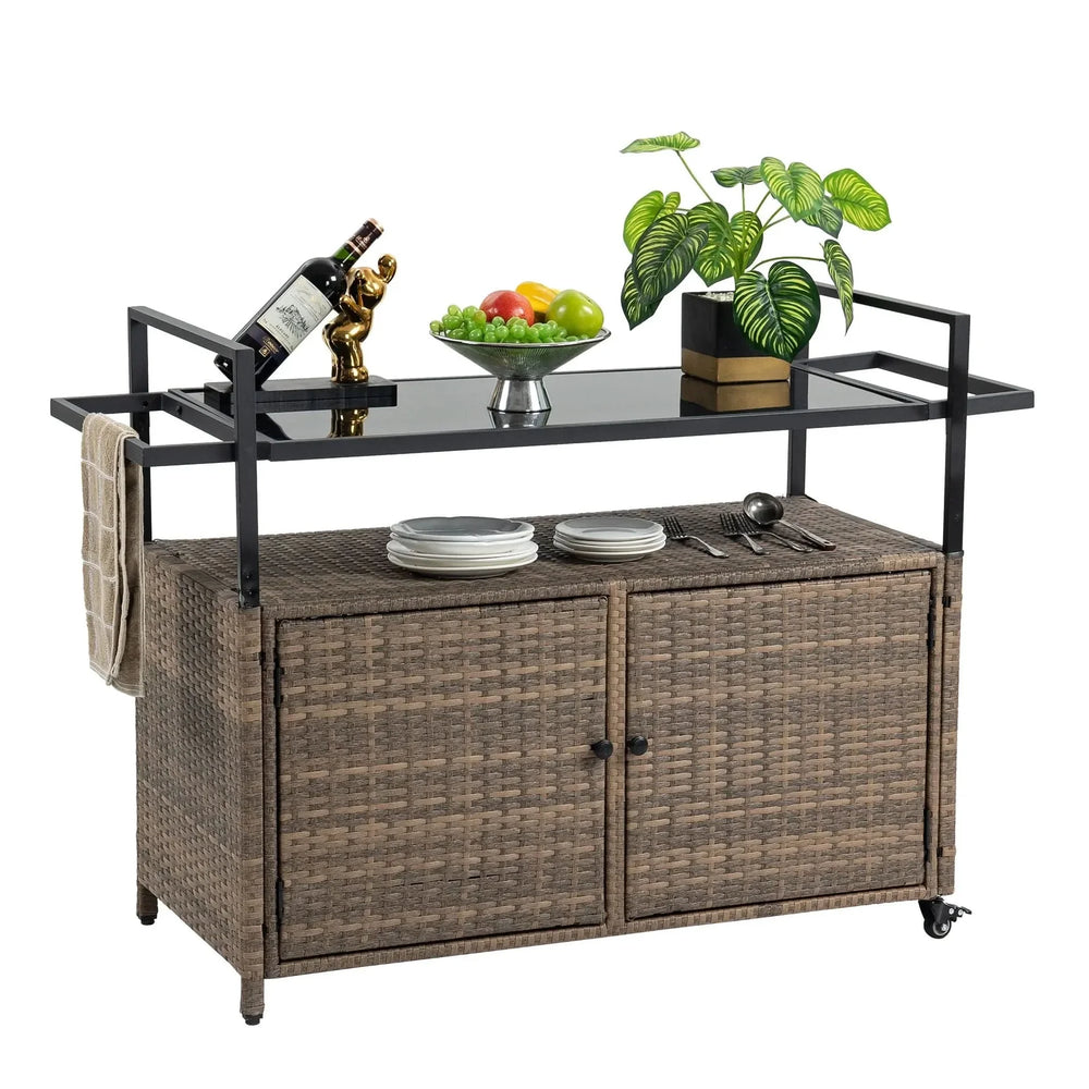 Outdoor Wicker Bar Cart Glass Top Wheeled Beverage Station Patio Garden Media 4