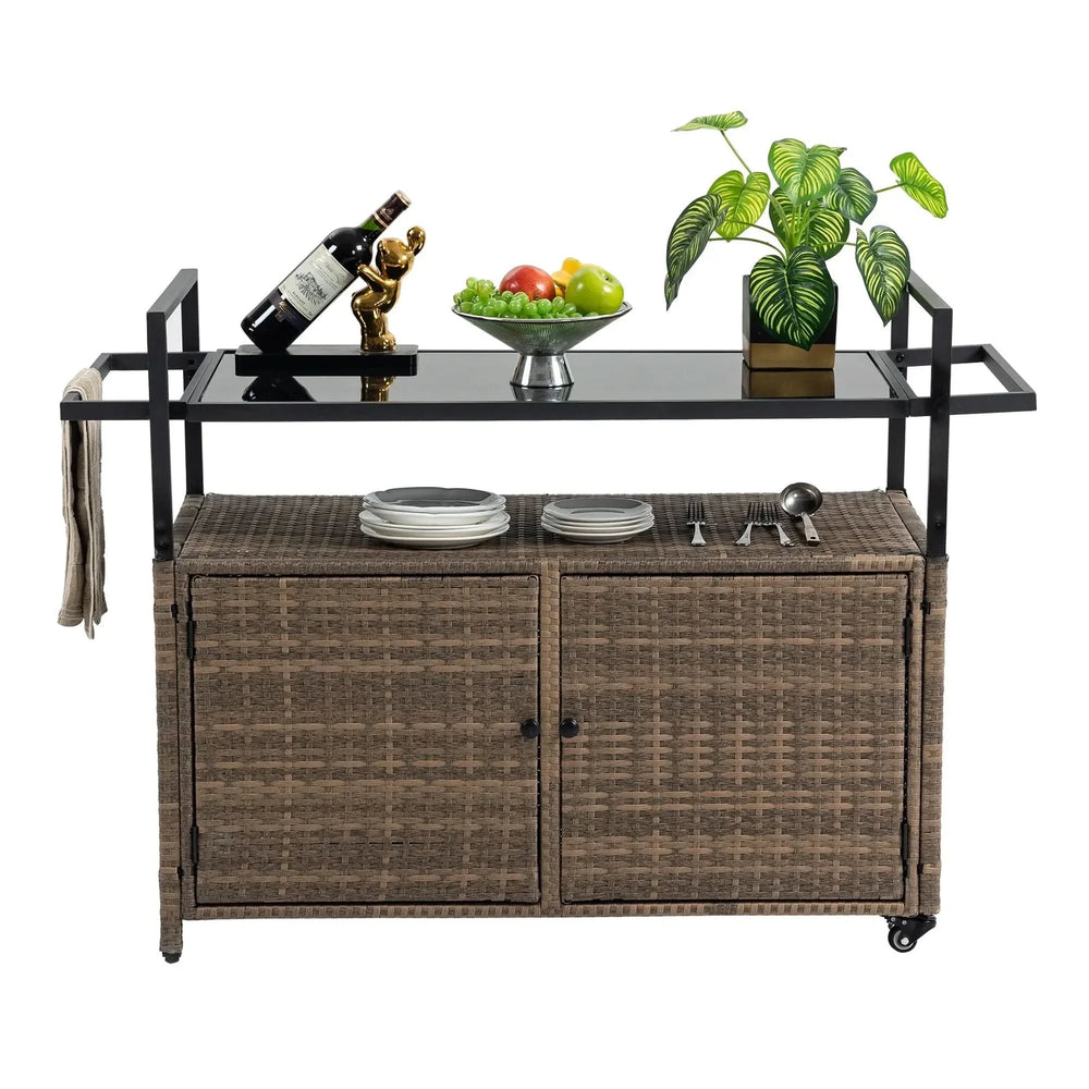 Outdoor Wicker Bar Cart Glass Top Wheeled Beverage Station Patio Garden Media 1
