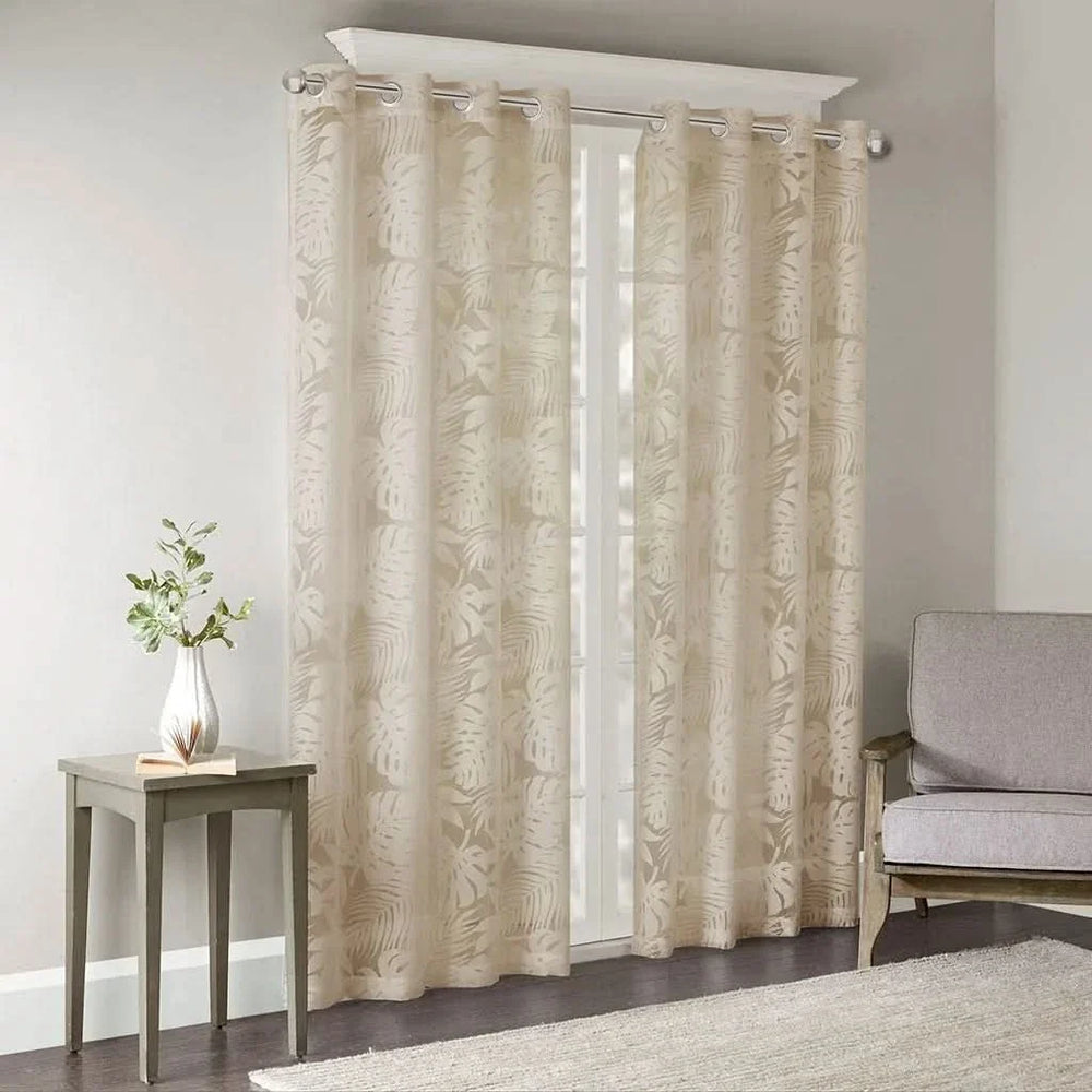 Window Curtains Polyester Palm Leaf Burnout Pattern Sheer Natural Media 5