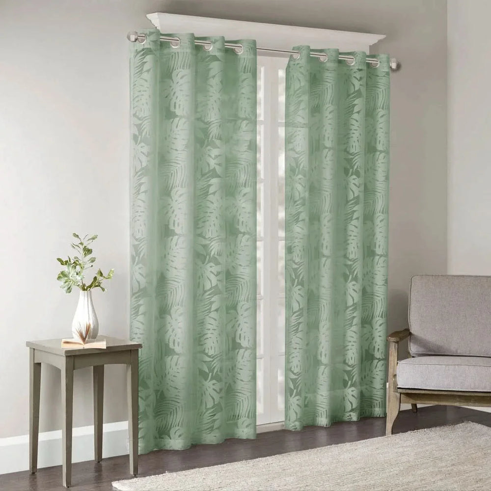 Palm Leaf Burnout Curtain Polyester Sheer Window Panel Sage Green 50x84 Media 1