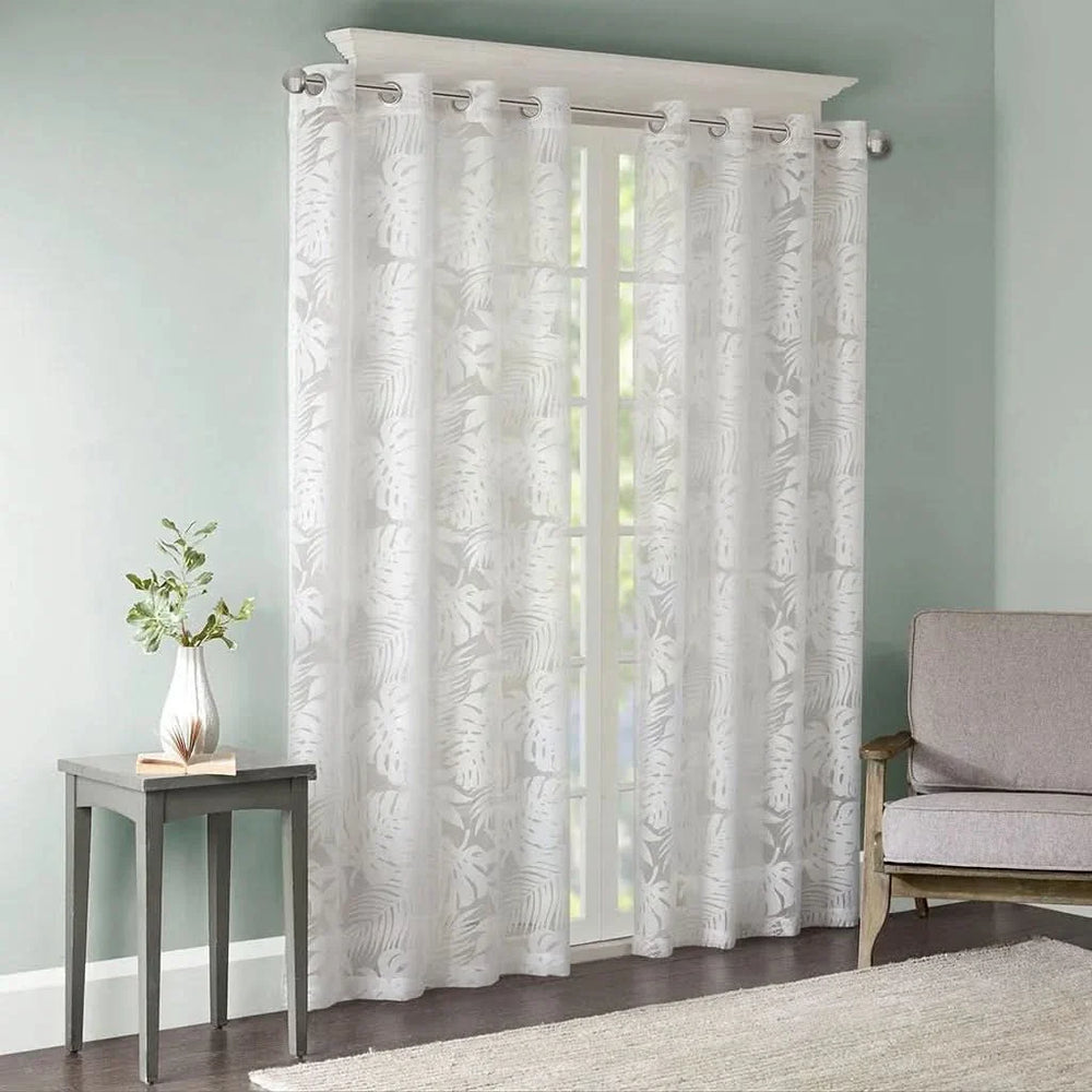Palm Leaf Burnout Curtain Polyester Diffusing White Window Drapery Media 4