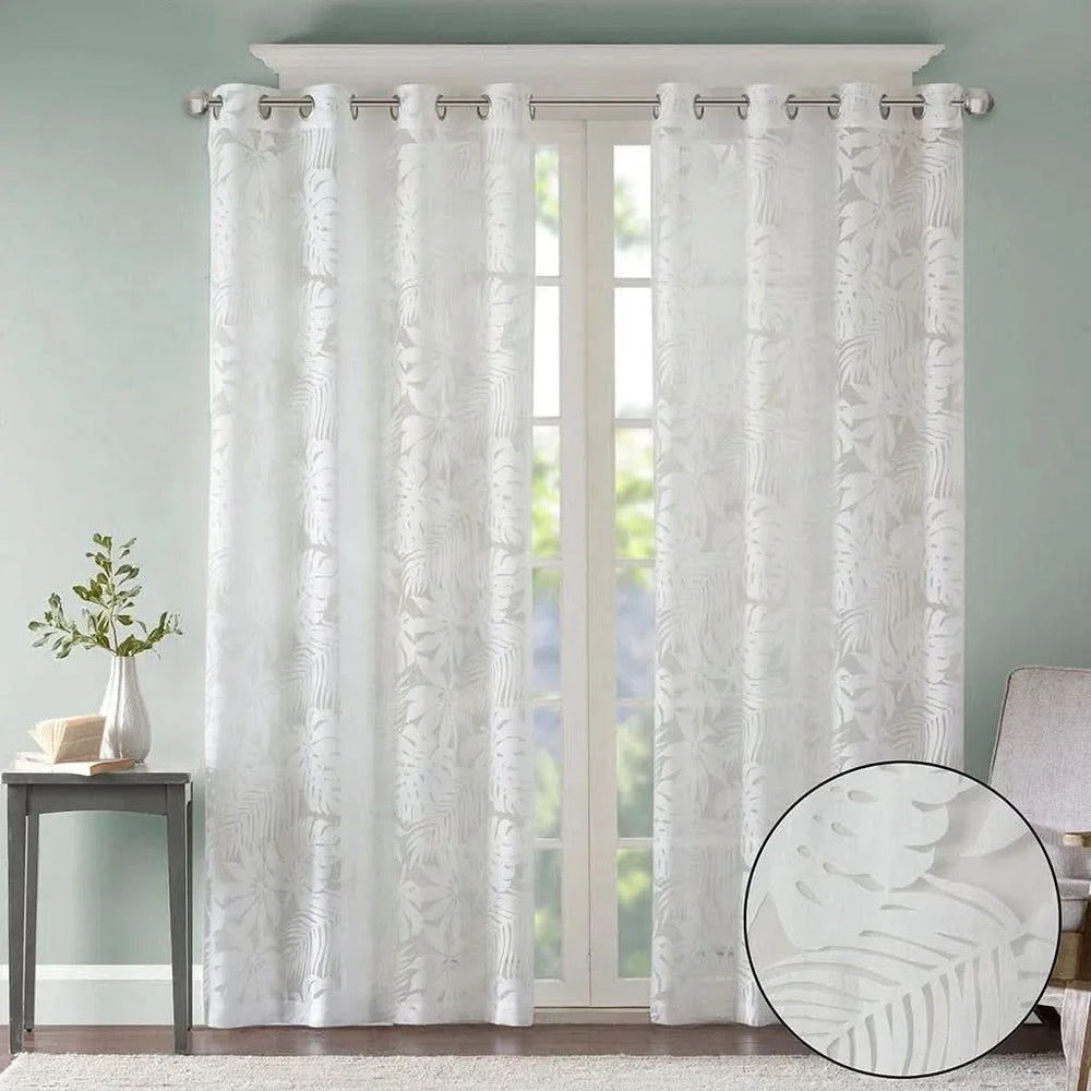 Palm Leaf Burnout Curtain Polyester Diffusing White Window Drapery Media 3