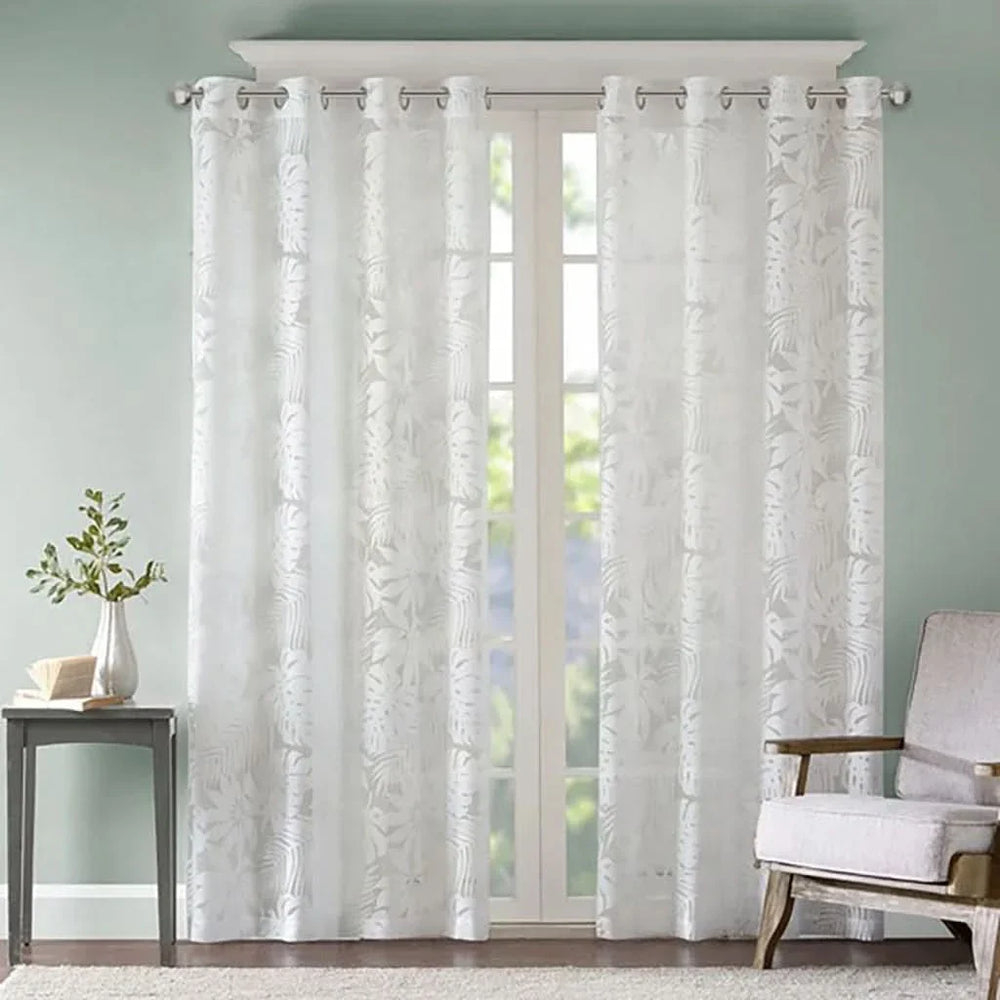 Palm Leaf Burnout Allover Polyester White Window Panel 50x84 Inch Media 2