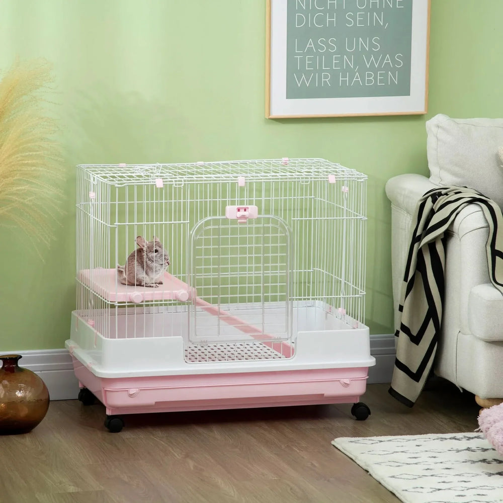 Small Animal Cage Iron & Plastic 2 Level With Wheels Pink Removable Tray Media 8