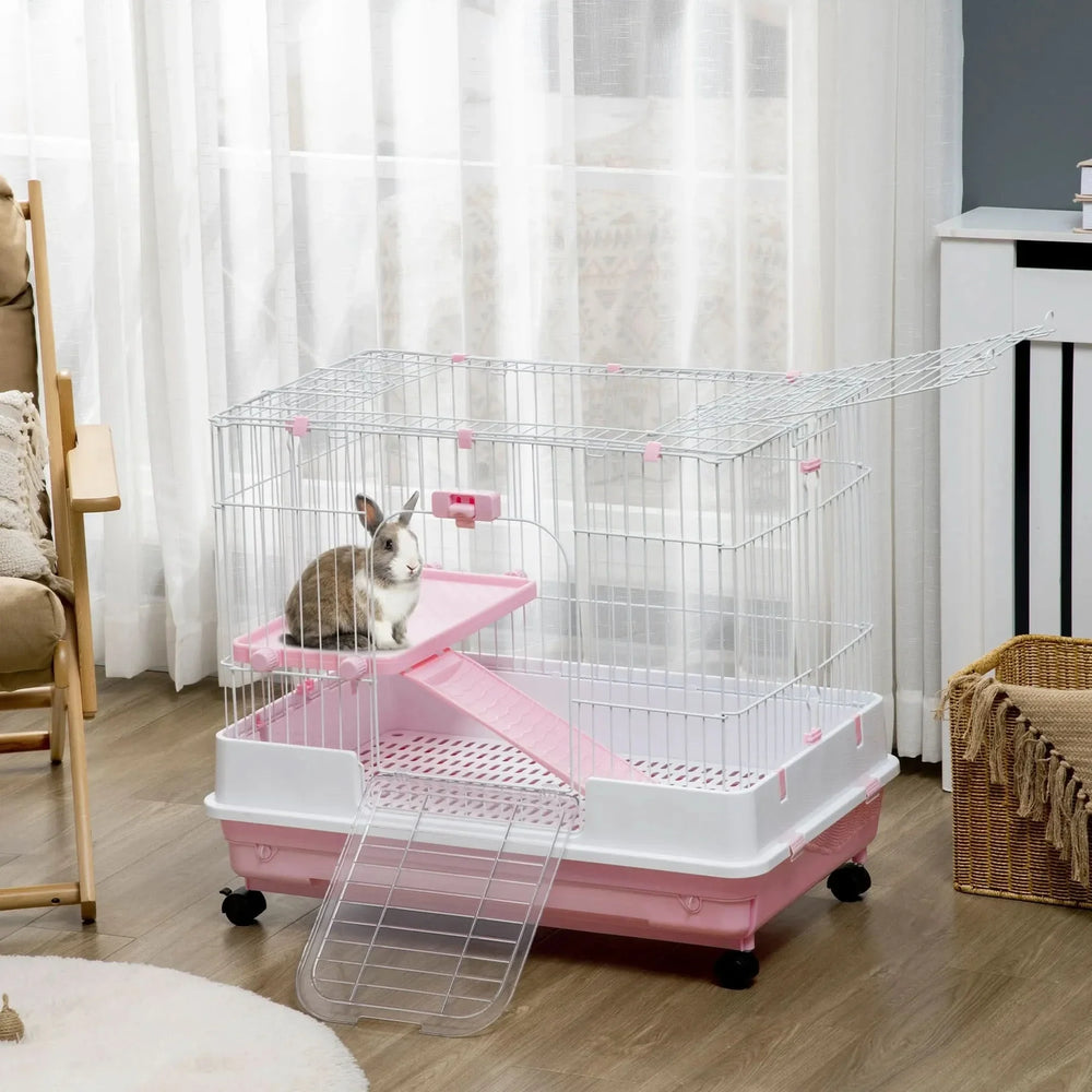 Small Animal Cage Iron & Plastic 2 Level With Wheels Pink Removable Tray Media 9
