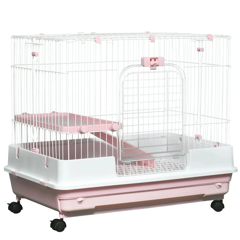 Small Animal Cage Iron & Plastic 2 Level With Wheels Pink Removable Tray Media 1