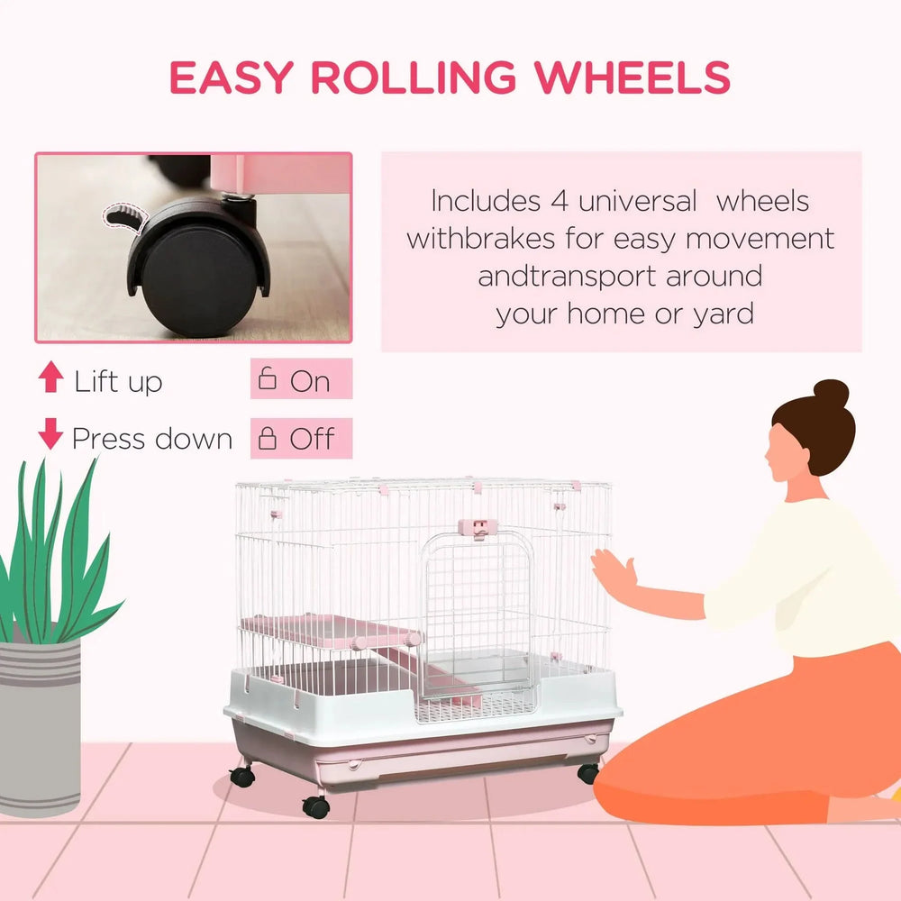 Small Animal Cage Iron & Plastic 2 Level With Wheels Pink Removable Tray Media 4