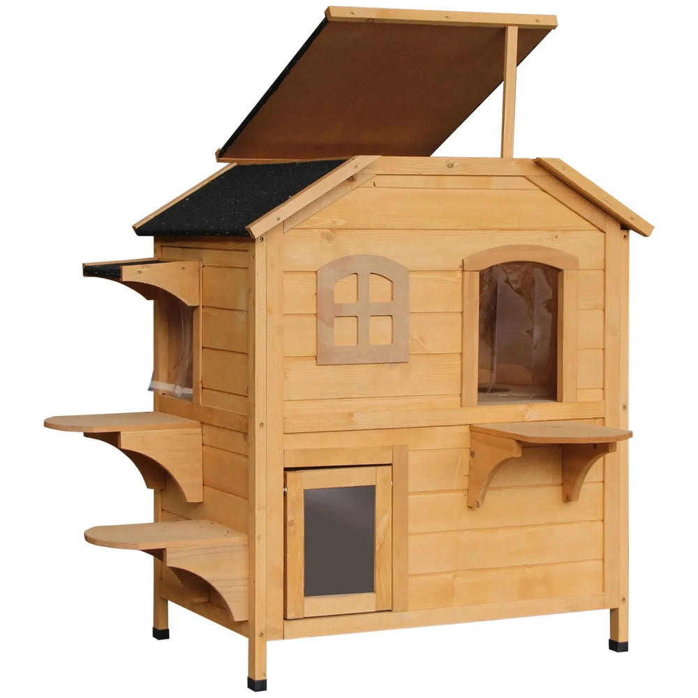 Outdoor Cat House Weatherproof Wood Two Story With Escape Door Openable Roof Media 10