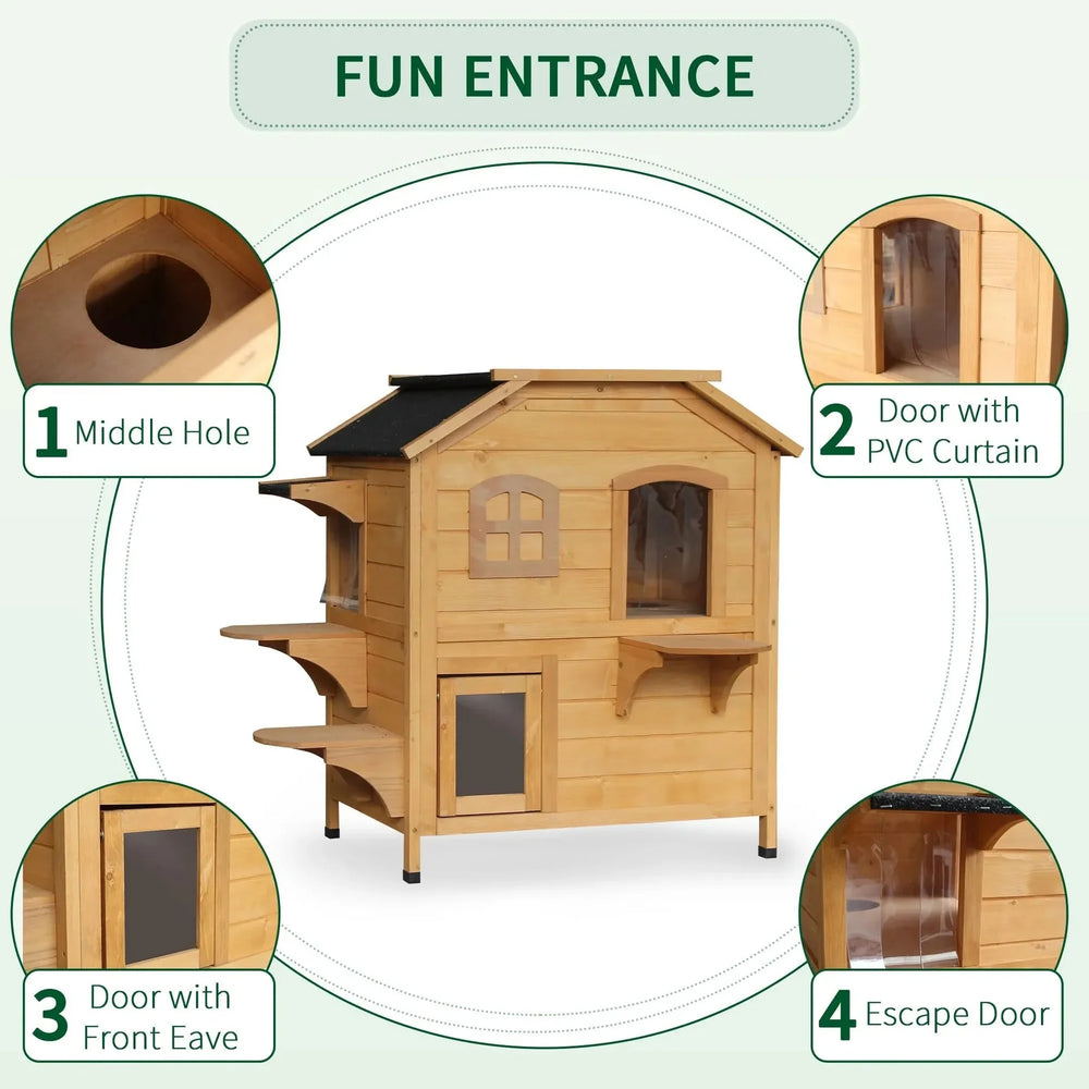 Outdoor Cat House Weatherproof Wood Two Story With Escape Door Openable Roof Media 6