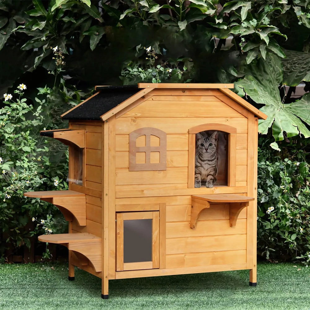 Outdoor Cat House Weatherproof Wood Two Story With Escape Door Openable Roof Media 9