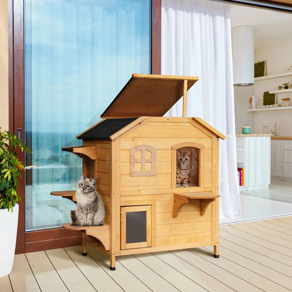 Outdoor Cat House Weatherproof Wood Two Story With Escape Door Openable Roof Media 8