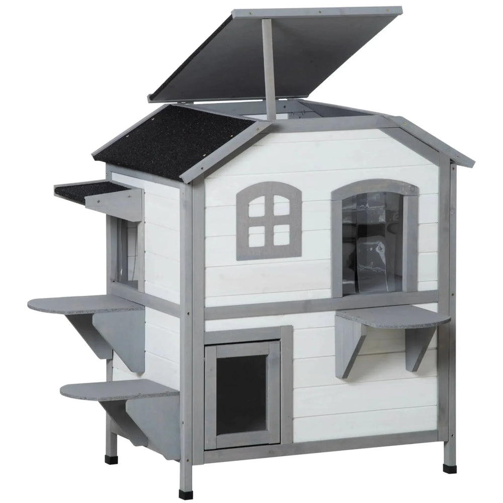Outdoor Cat House Wood Weatherproof Two Story Enclosure With Escape Door Media 10