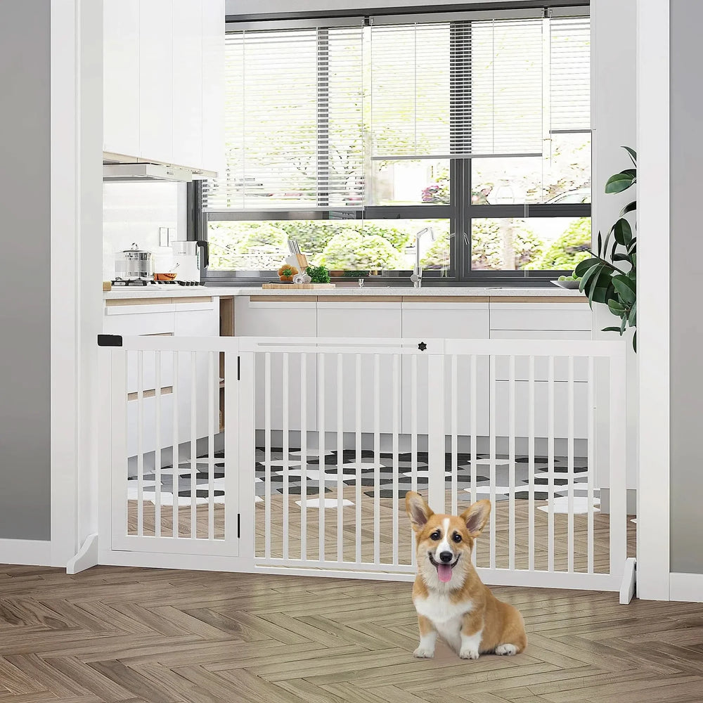 Wooden Pet Gate Adjustable 3 Panel Freestanding Dog Fence For Doorway Media 2