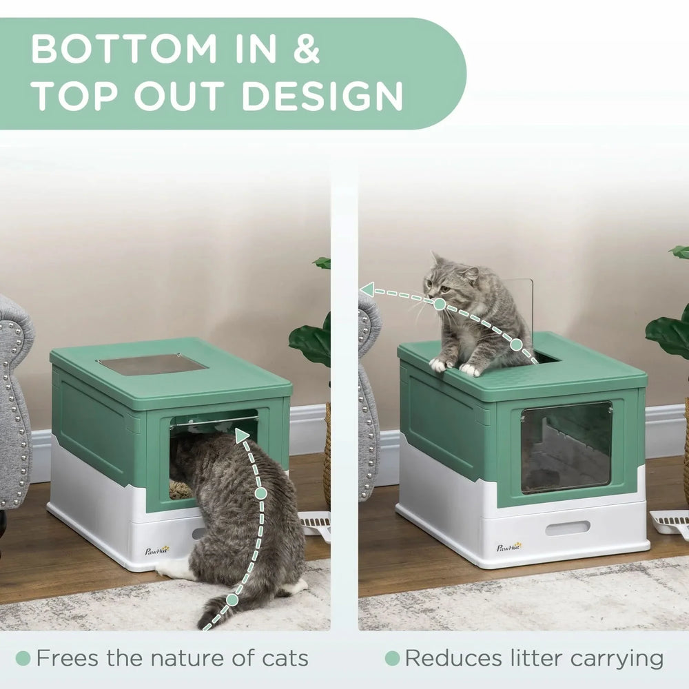 Cat Litter Box Green Polypropylene Fully Enclosed Hooded Front Entry With Scoop Media 5
