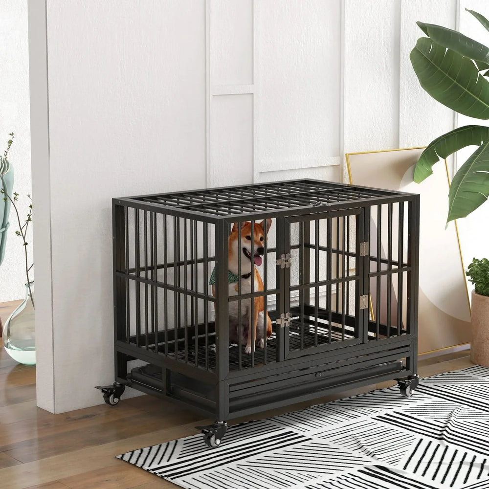 Dog Crate Steel Wheeled Heavy Duty Double Door Removable Tray For Pets Media 9