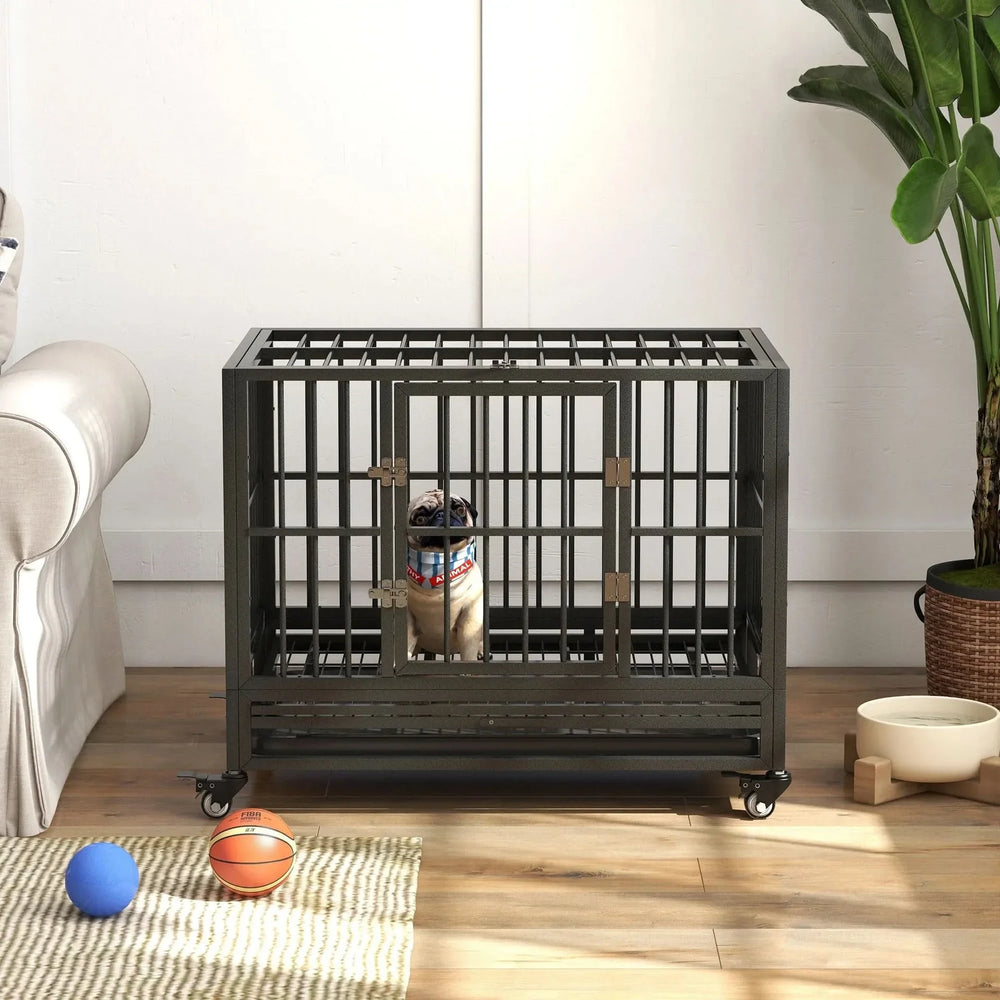 Dog Crate Steel Wheeled Heavy Duty Double Door Removable Tray For Pets Media 7
