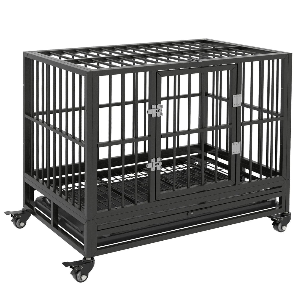 Dog Crate Steel Wheeled Heavy Duty Double Door Removable Tray For Pets Media 1
