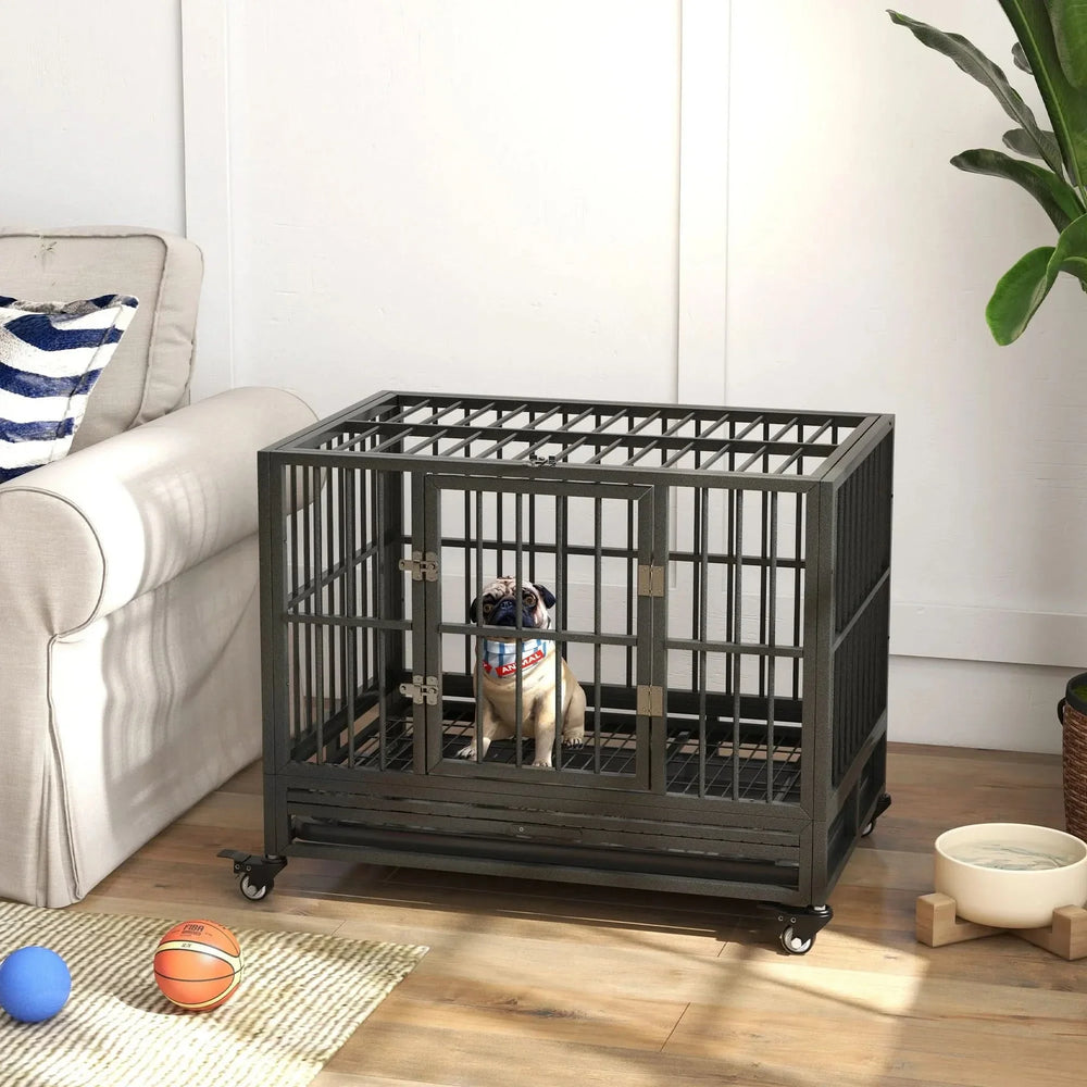 Dog Crate Steel Wheeled Heavy Duty Double Door Removable Tray For Pets Media 2