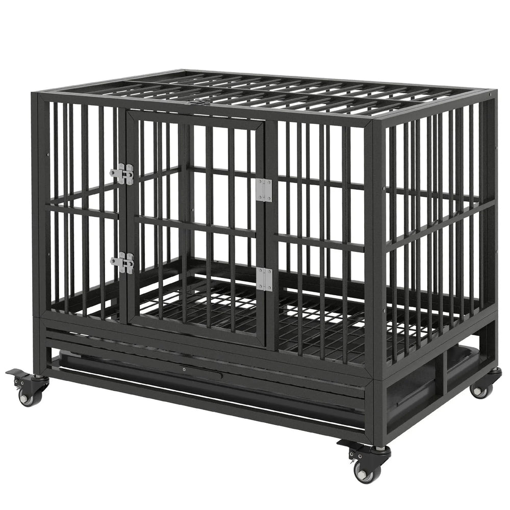 Dog Crate Steel Wheeled Heavy Duty Double Door Removable Tray For Pets Media 10