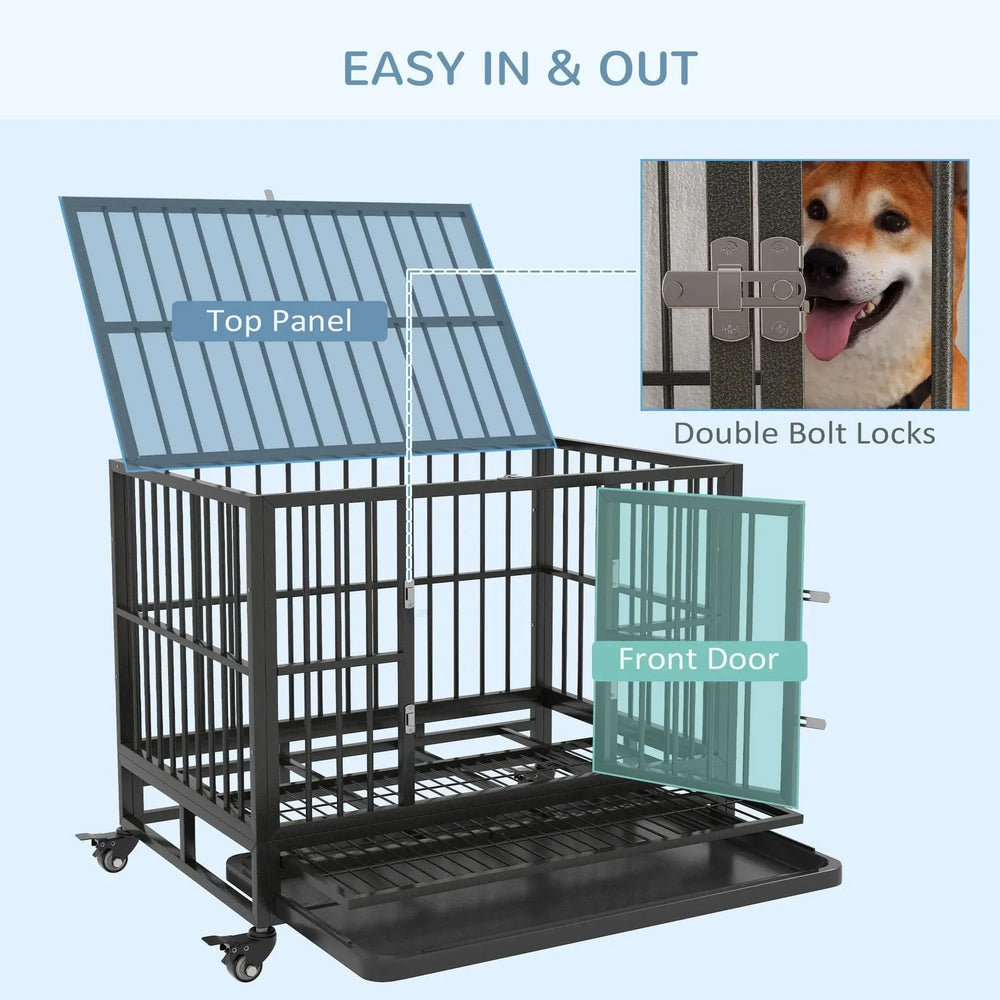 Dog Crate Steel Wheeled Heavy Duty Double Door Removable Tray For Pets Media 6