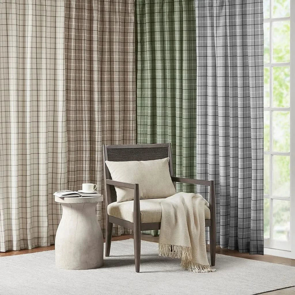 Curtain Panel Cotton Plaid Fleece Lined Tab Top Window Decor Living Room Media 3