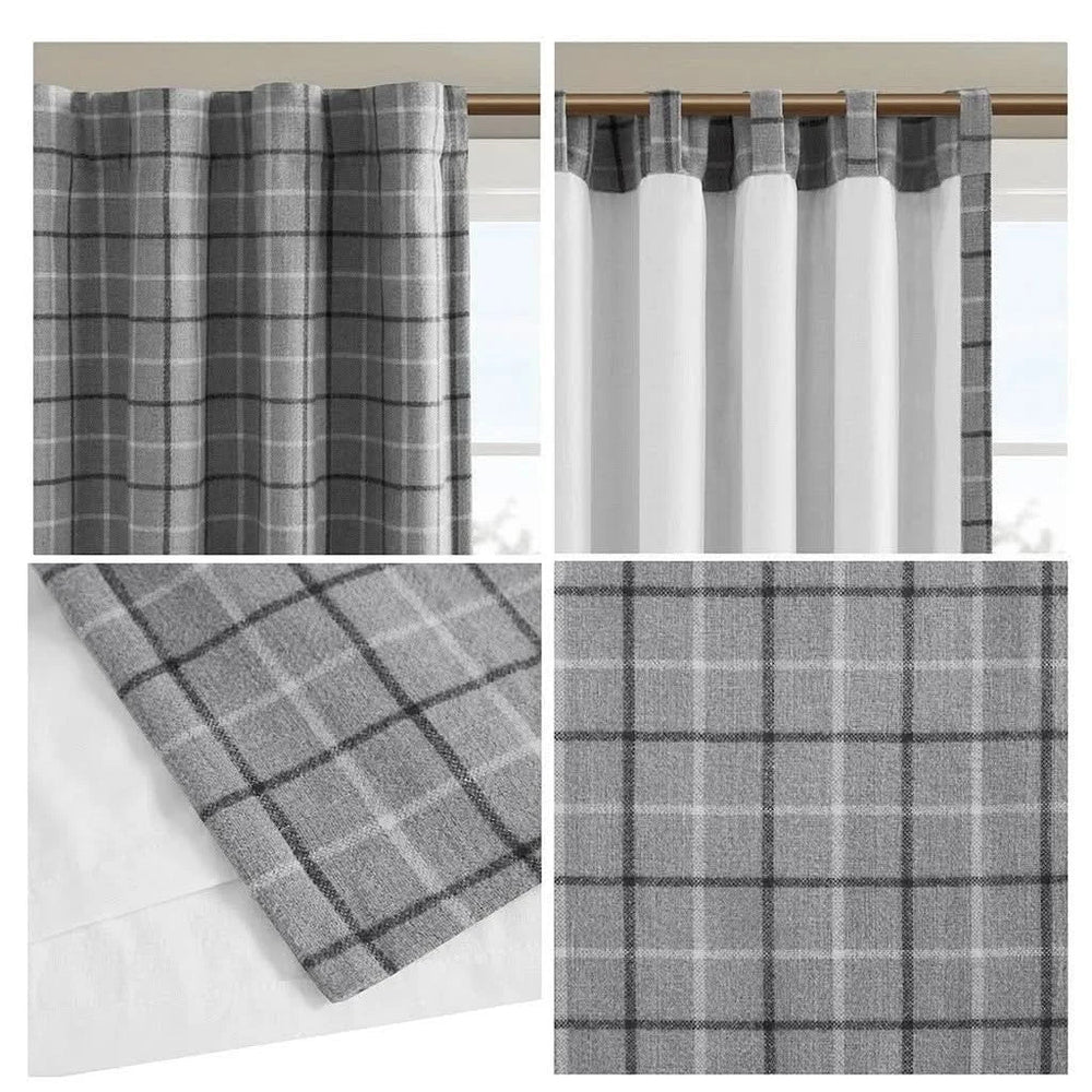 Window Curtain Panel Polyester Faux Leather Tab Top Plaid Fleece Lined Media 6
