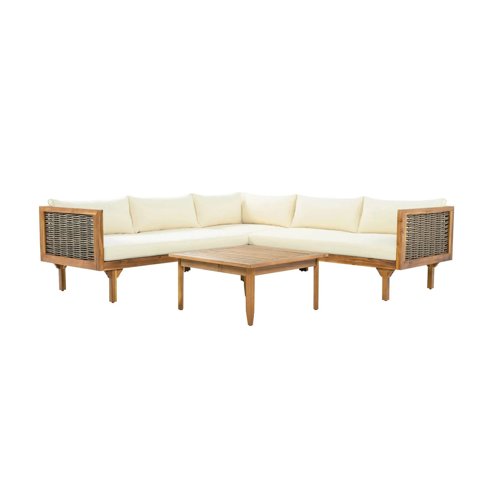 Outdoor Sectional Sofa Set Acacia Wood & Waterproof Cushions Beige Media 11