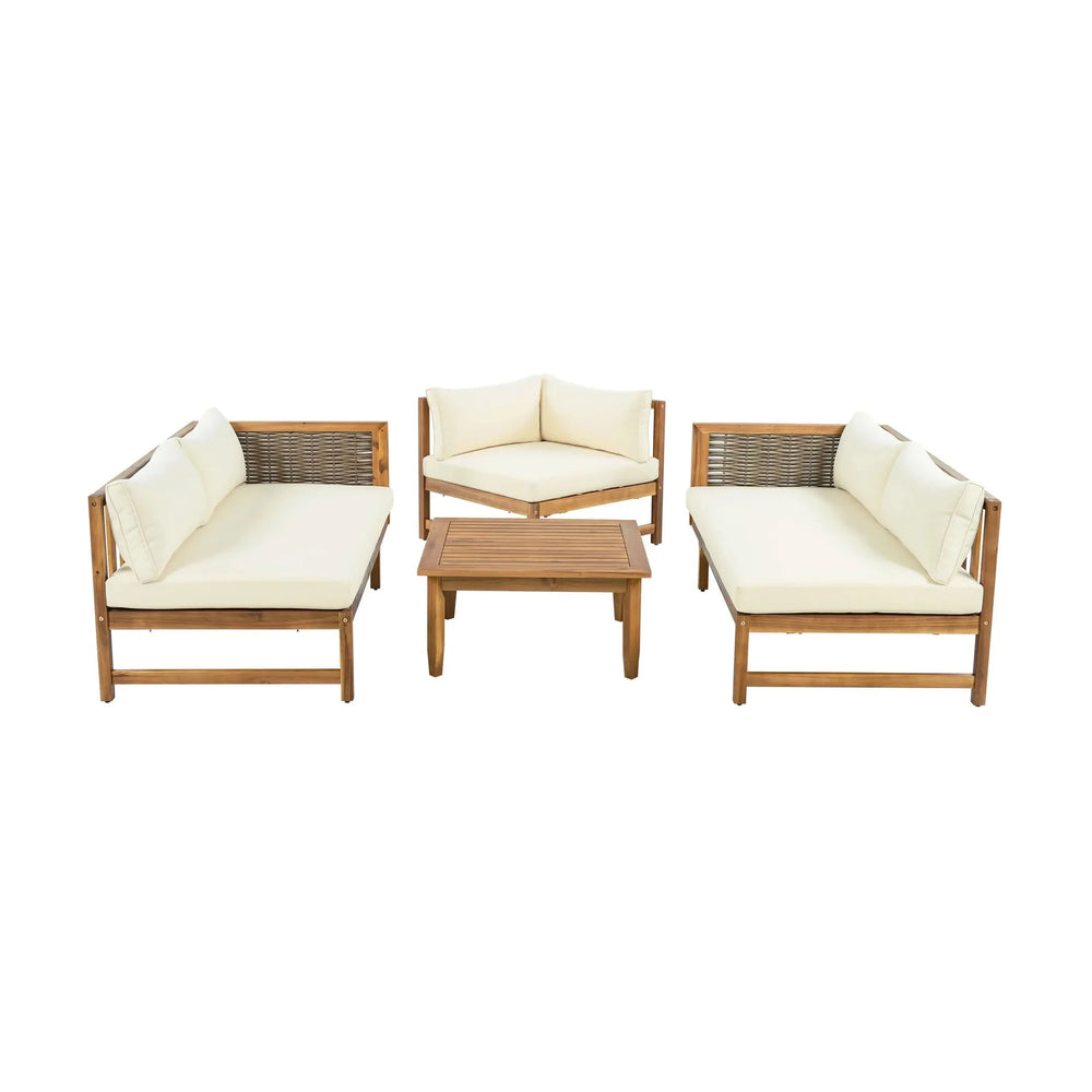 Outdoor Sectional Sofa Set Acacia Wood & Waterproof Cushions Beige Media 9