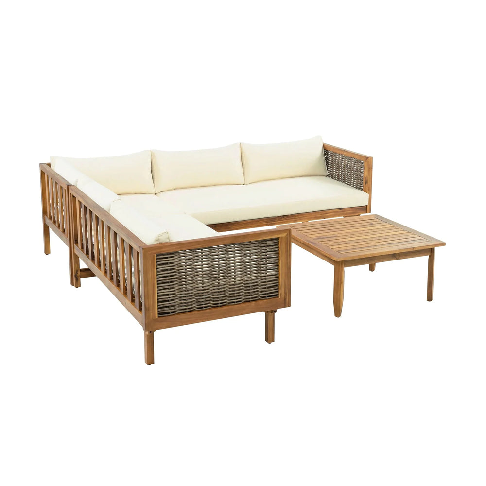 Outdoor Sectional Sofa Set Acacia Wood & Waterproof Cushions Beige Media 6