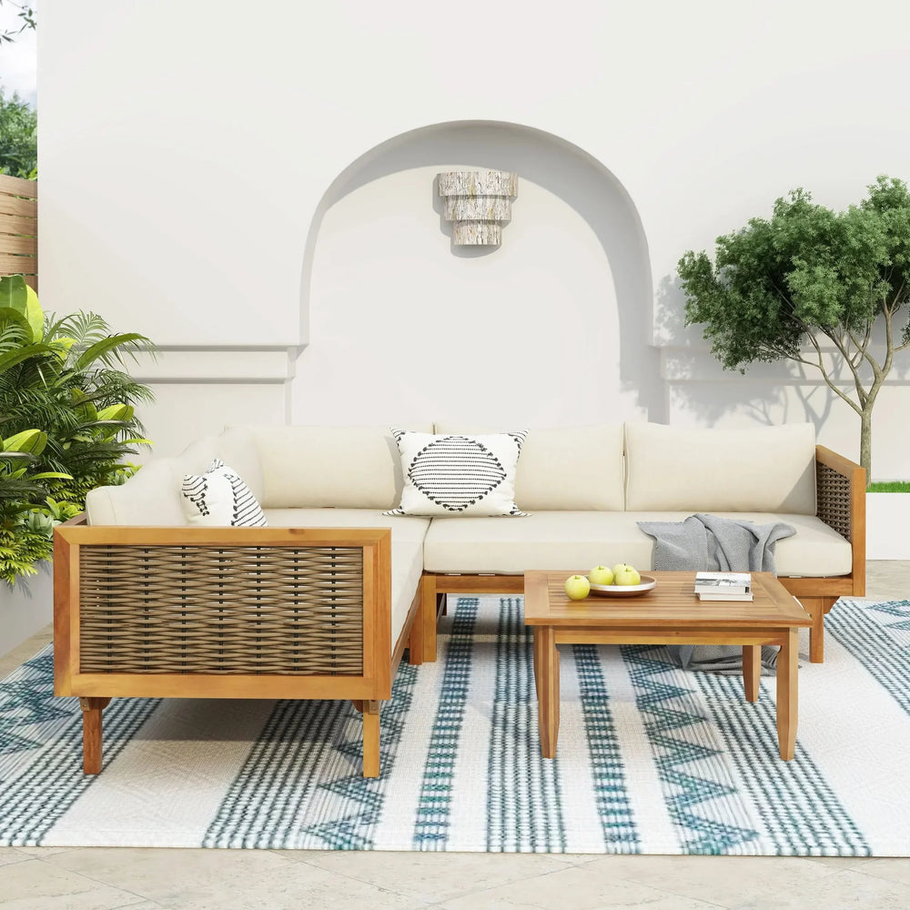Premium Outdoor Sofa Set with Waterproof Cushions in Beige - Sectional Seating Group with Acacia Wood and Wicker - DTY Store