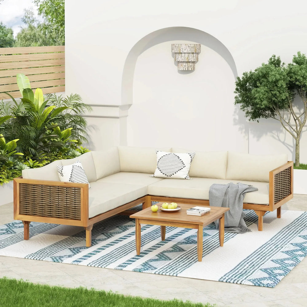 Premium Outdoor Sofa Set with Waterproof Cushions in Beige - Sectional Seating Group with Acacia Wood and Wicker - DTY Store