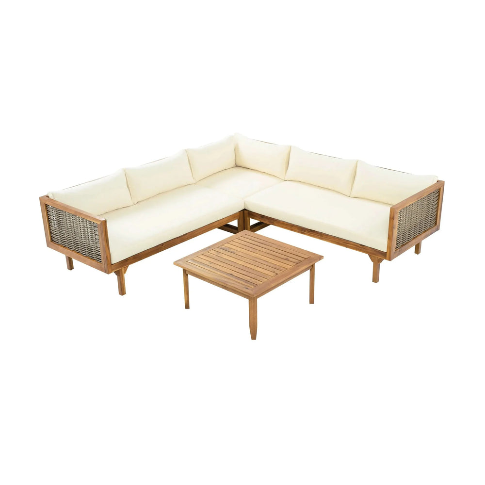 Premium Outdoor Sofa Set with Waterproof Cushions in Beige - Sectional Seating Group with Acacia Wood and Wicker - DTY Store
