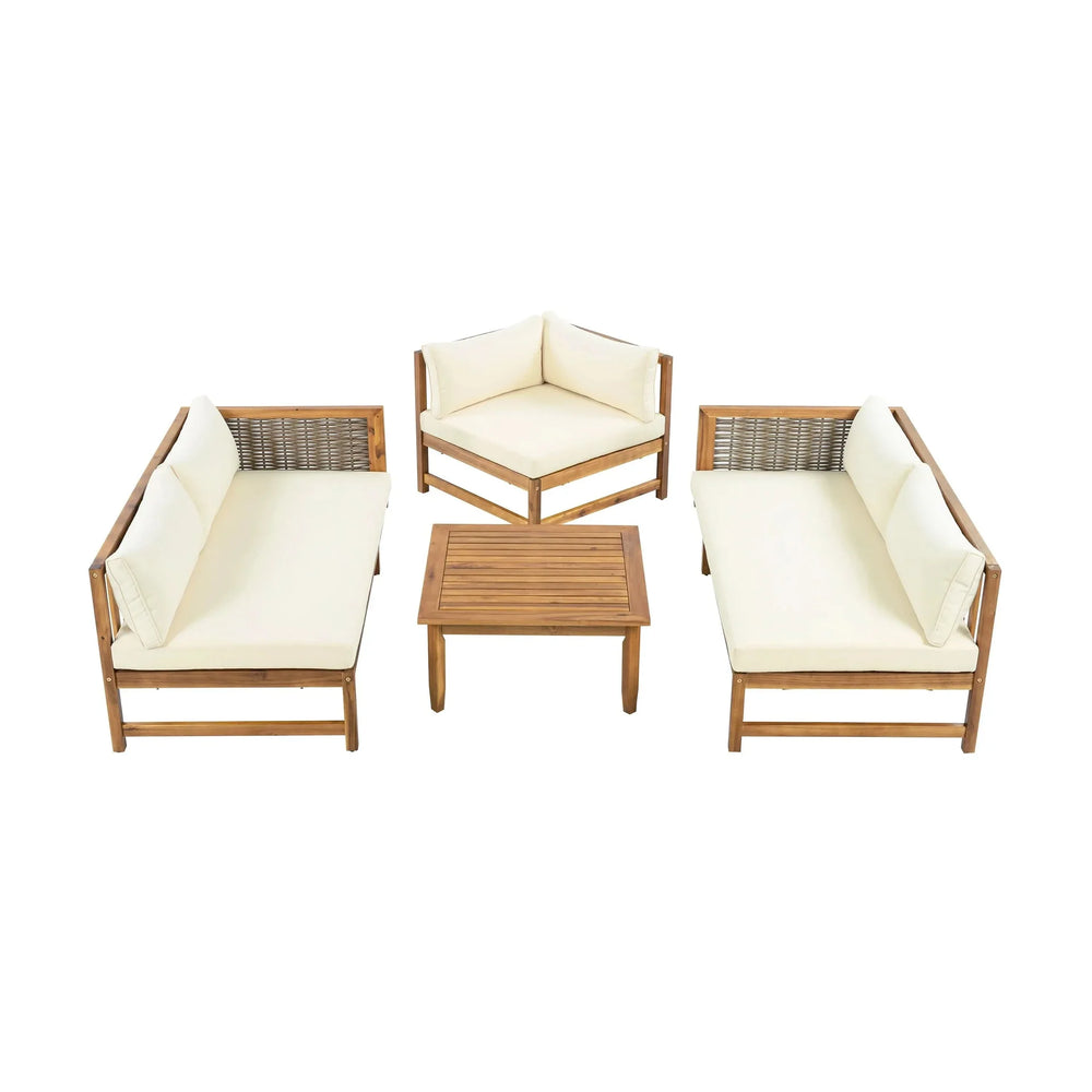 Outdoor Sectional Sofa Set Acacia Wood & Waterproof Cushions Beige Media 10