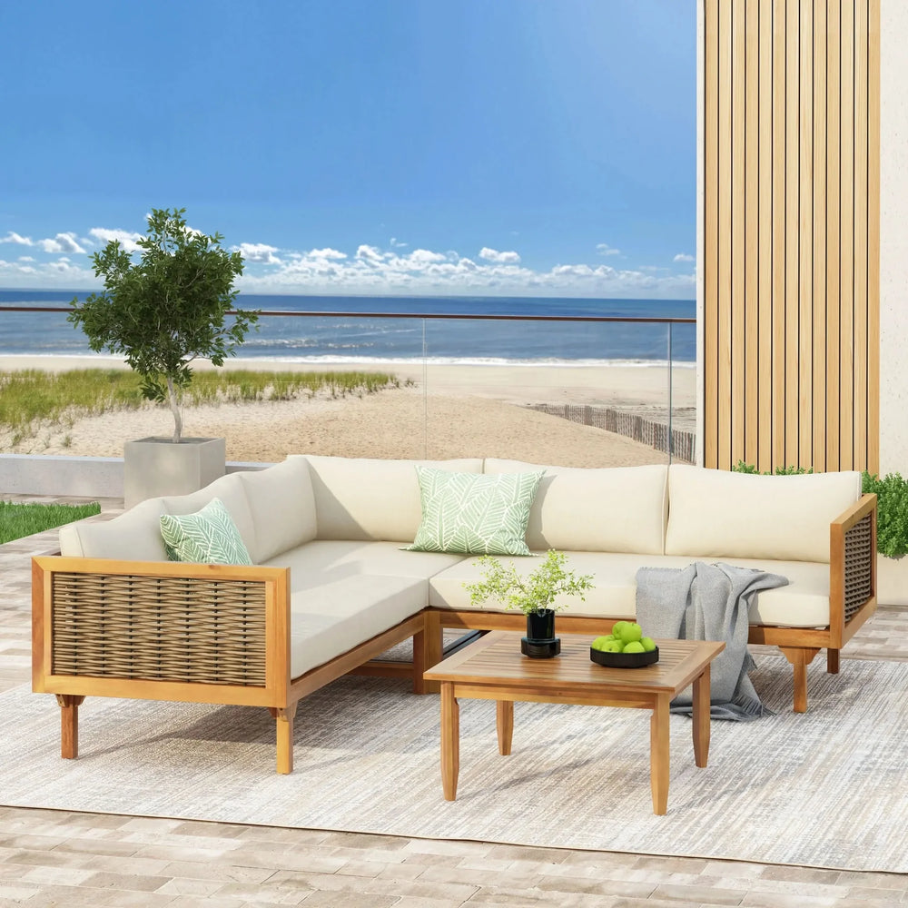 Premium Outdoor Sofa Set with Waterproof Cushions in Beige - Sectional Seating Group with Acacia Wood and Wicker - DTY Store