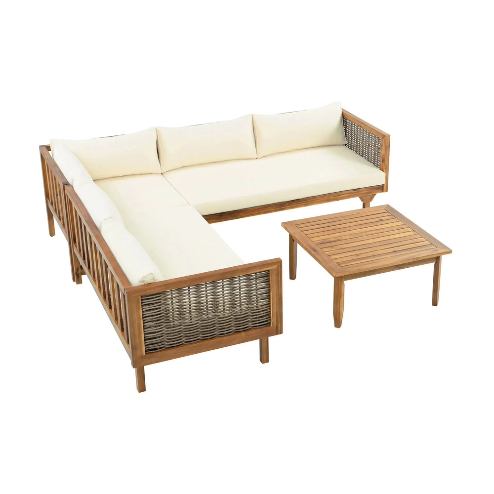 Outdoor Sectional Sofa Set Acacia Wood & Waterproof Cushions Beige Media 7