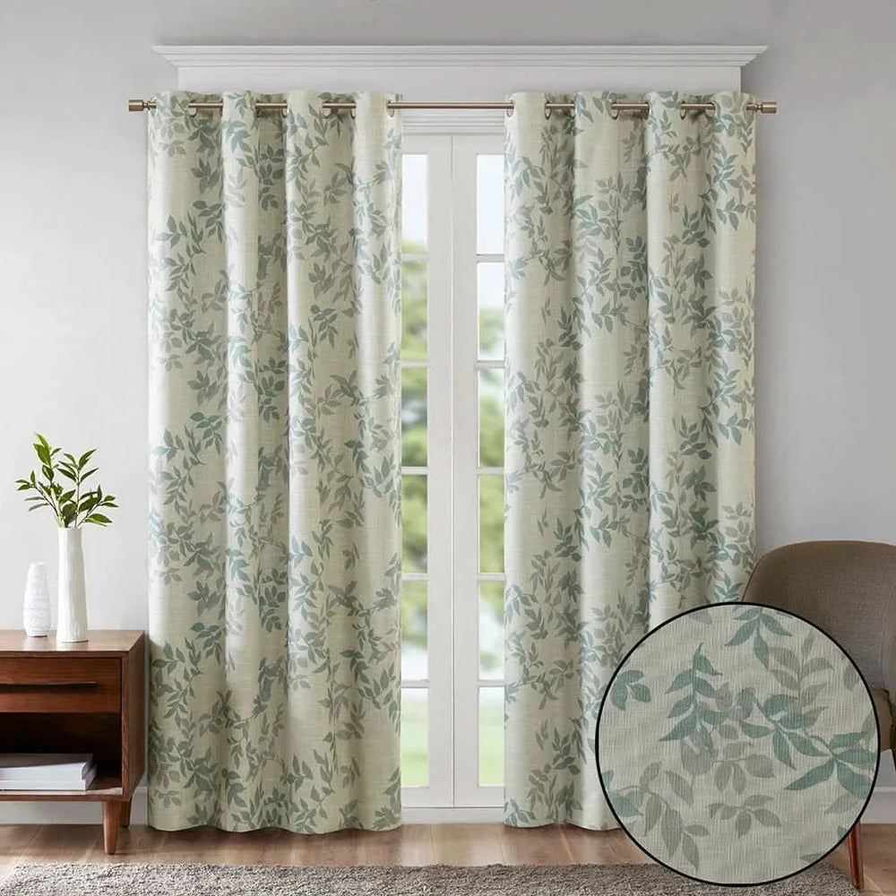 Printed Botanical Curtain Panel Aqua Blue Floral Polyester Blackout Media 6