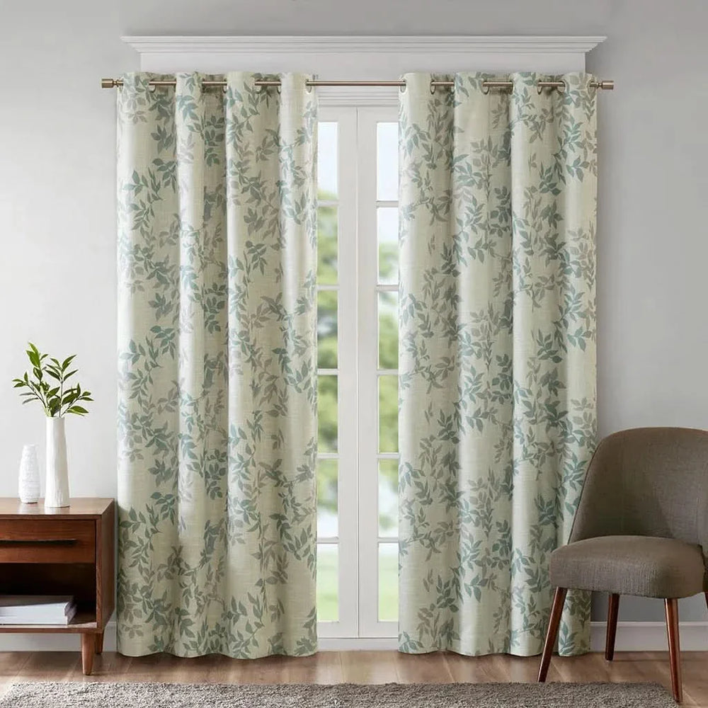 Printed Botanical Curtain Panel Aqua Blue Floral Polyester Blackout Media 1