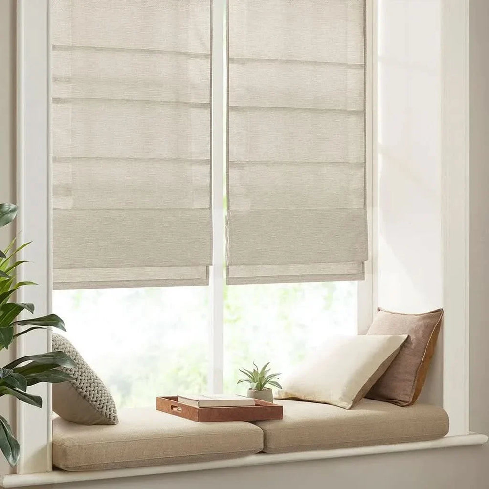 Cordless Roman Shade Printed Faux Silk Textured Ivory Room Darkening Media 1